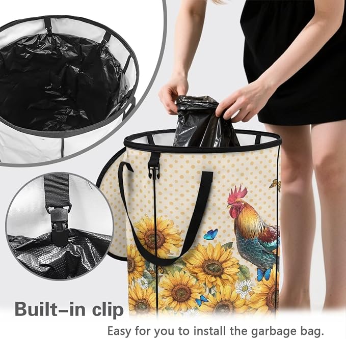 Sunflower Rooster Outdoor Collapsible Trash Can Lightweight & Easy to Carry Pop up Trash Can for Camping Foldable Waterproof Camping Essentials 24 Gal Yard Garden Garbage Bin