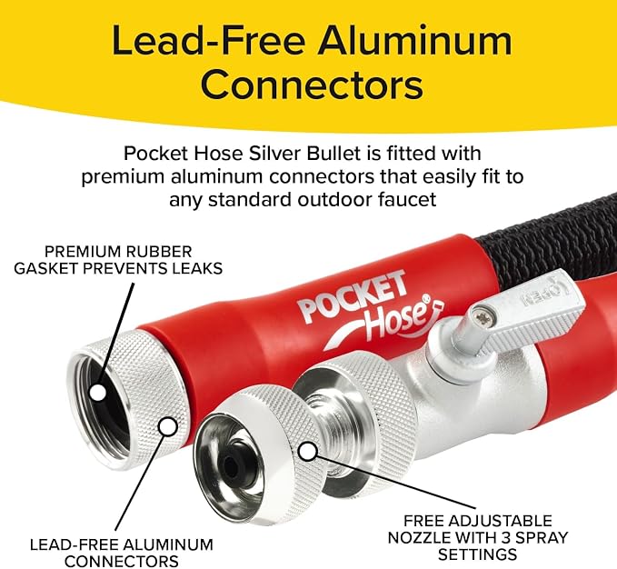 Pocket Hose 50 FT Silver Bullet 2.0 Hose, Turbo Shot Nozzle, Kink-Free | Expandable Water Hose with Turbo Shot Nozzle, Flexible Garden Hose, Kink-Free, Leak-Proof & Lightweight