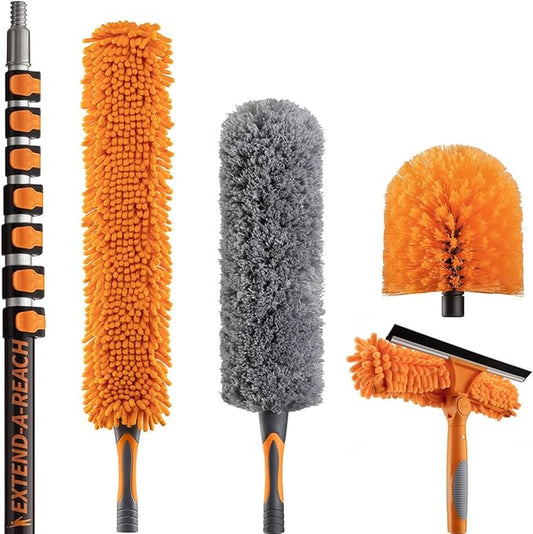 36 Foot High Reach Duster Kit with 5-30 ft Extension Pole for Cleaning | High Ceiling Dusting & Window Cleaning Kit with Telescopic Pole, Window Washer Squeegee, Cobweb Duster, Fan & Feather Dusters