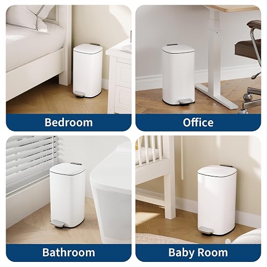 Garvee Bathroom Trash Can with Lid, 2.4 Gallon Slim Garbage Can, White | Step Pedal, Soft-close Lid, Rear Handle, Removable Plastic Inner Liner with Trash Bag Retainer Ring, for Kitchen, Office