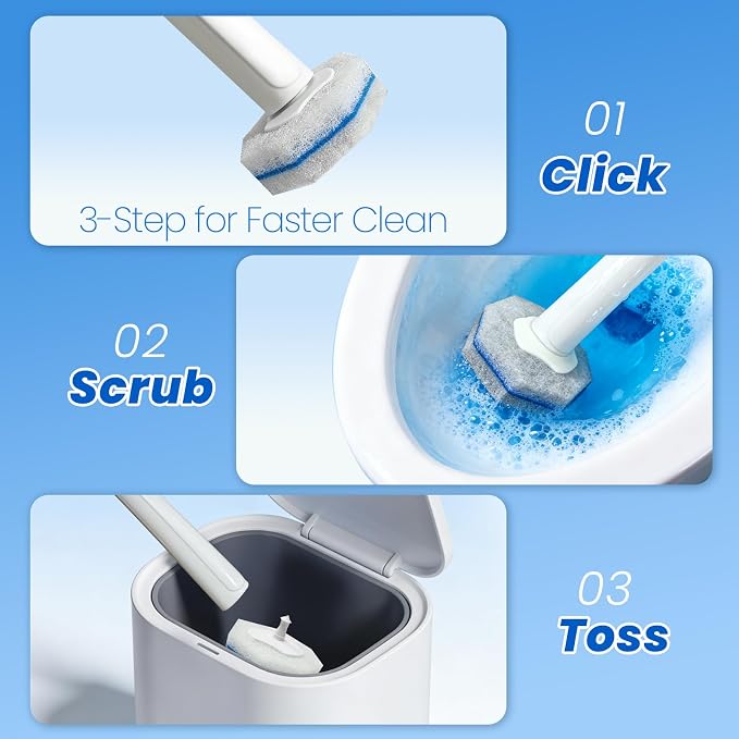 Disposable Toilet Brush Cleaning Supplies, Toilet Bowl Cleaner and Holder Set with 50 Toilet Cleaning Wand Refill Pads, Bathroom Maintenance Wall Mounted Toilet Cleaner Kit (White+Blue)