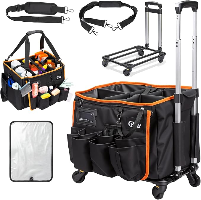 YMU Rolling Cleaning Caddy Bag, Cleaning Cart for Housekeeping | 30L Large Room | 4 in 1 Portable | Detachable Trolley | with Swivel Caster & Shoulder Strap | Waterproof Oxford Fabric