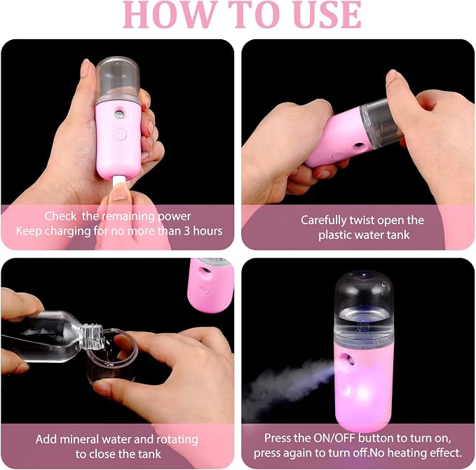 Honoson 2 Pack Nano Facial Mister for Lashes Sprayer,Black and Pink | USB Rechargeable Handheld Humidifier with Eyelash Extensions, 1 Oz Portable Sprayer Ideal for Makeup Skin Hydration