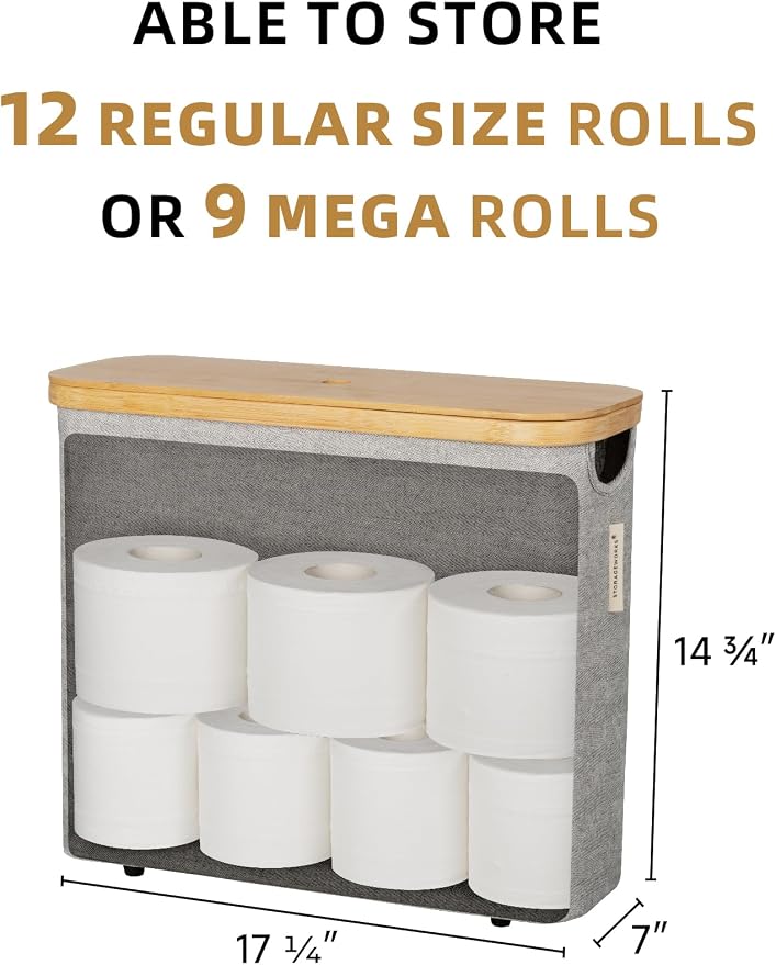 StorageWorks Toilet Paper Storage Basket with Bamboo Lid & Window | See Rolls at a Glance with Clear Window, Holds 12 Regular or 9 Mega Rolls for Bathroom Toilet Paper Storage, Grey