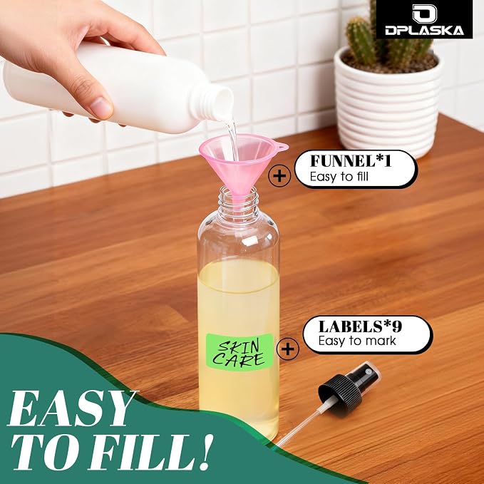 6 Packs 8 oz Clear Plastic Spray Bottles, Black Fine Mist Sprayer | Refillable Empty Bottles with Cap, For Essential Oils, Perfumes, Travel, Cleaning Solutions, With Labels & Funnel