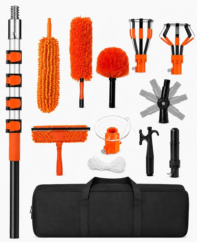 20 FT Ceiling Fan Cleaner Dusters with Telescoping Extension Pole | Extendable Duster for High Ceiling, Light Bulb Changer, Window Squeegee Washing Kit, Cobweb Brush Duster