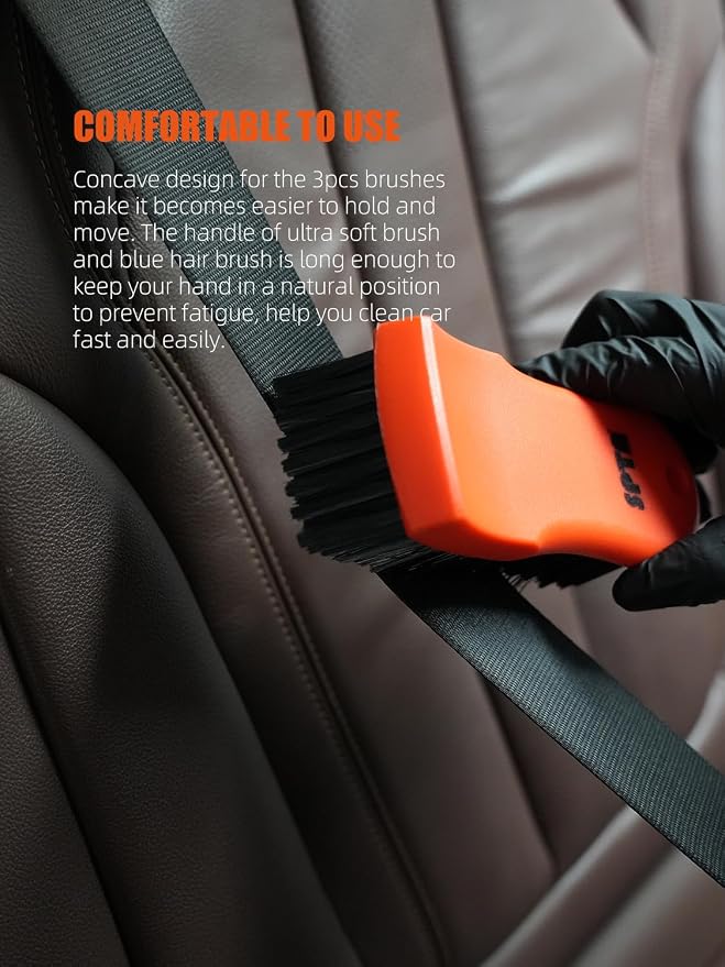 SPTA 3Pcs Car Detailing Brush Kit, Leather & Textile Interior Brush, Comfortable Grip and Scratch-Free Cleaning for Dashboard, Wheels, Seats, Foot Mats and Small Areas, Black