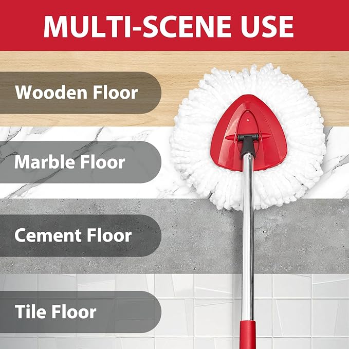 Spin Mop Replacement Set for EasyWring 1-Tank - 2 Heads + Handle + Base | Microfiber, Washable, Long-lasting, Rust-Resist Adjustable Handle (30"-58"), Smooth Triangle Base, Floor Cleaning(No Bucket)