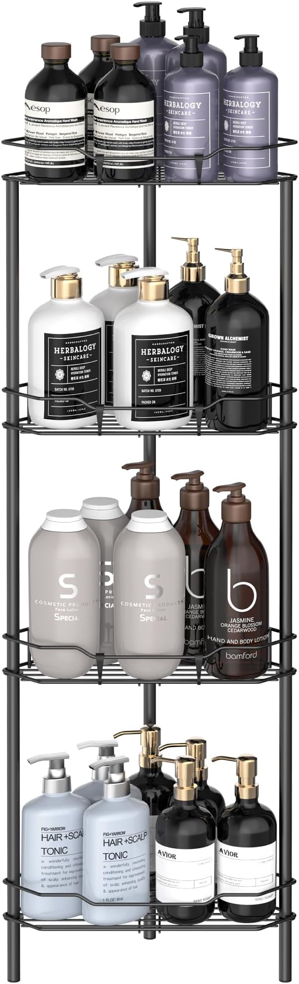 HuggieGems Metal Floor Standing Corner Shower Caddy, Matt Black, 4 Tier | Adhesive Bathroom Organizer Shelves, Free Standing Shower Rack with Hooks, Hold Large Shampoo Bottles