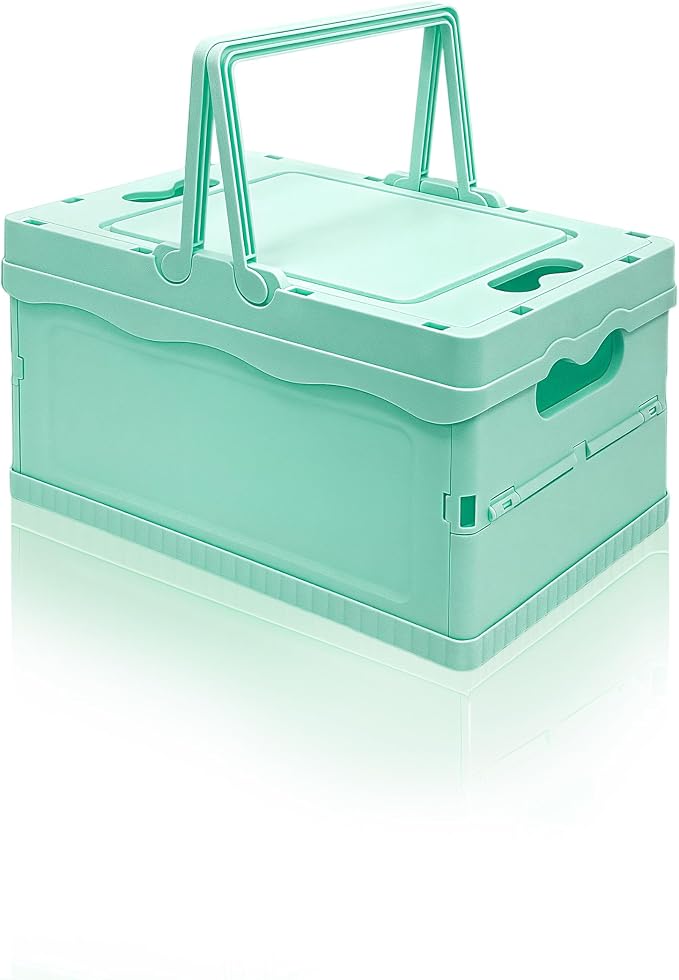 Foldable Small Plastic Baskets with Lids and Handles for Organizing,Collapsible Storage Crates, Stackable Bins for Home Kitchen Bedroom Bathroom Office (Blue, 12 * 8 * 7)