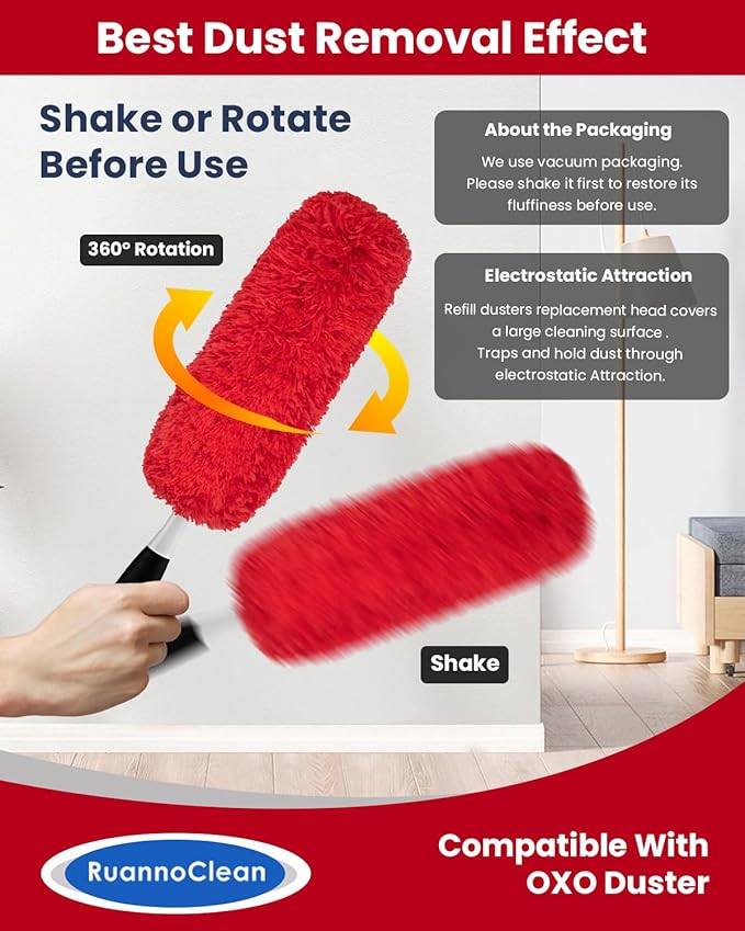 Microfiber Duster Refills Compatible with OXO Good Grips Duster | Reusable Duster Refill Washable Duster Brush Refill Head Replacement for OXO Extendable Duster for Cleaning -4 Pack, Red