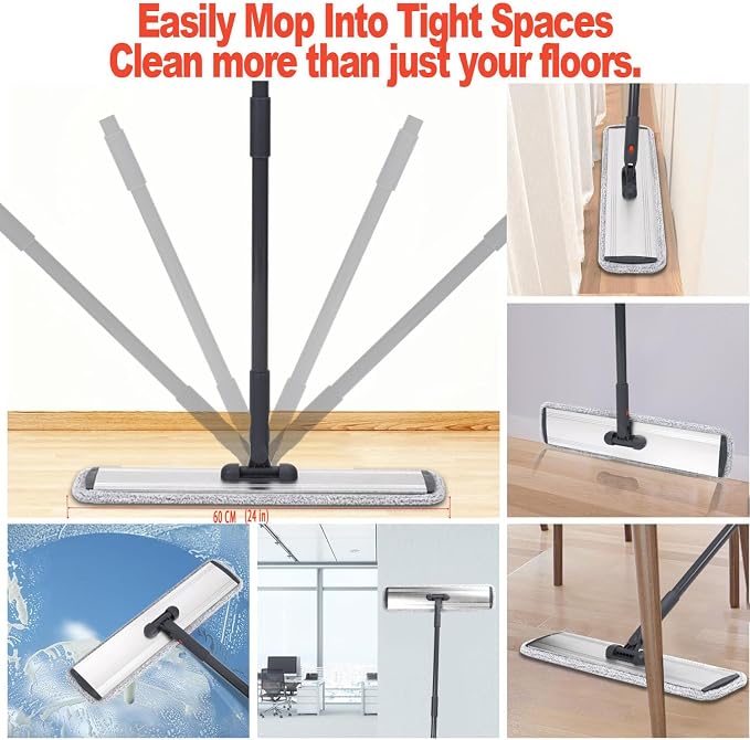 24" Flat Mop for Cleaning Floors,Easy Wringing&Deep Cleaning with 4 Pads | Heavy-Duty Microfiber Mop,Includes 4 Reusable Mop Cloths and Adjustable Long Handle,Wet/Dry Use,Suitable for Hard Floors