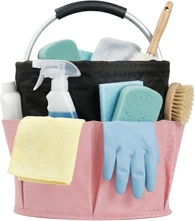 WOOHA Portable Cleaning Organizer, 17L Cleaning Bucket, Collapsible Shower Caddy with 6 Pockets for Cleaning Supplies, Bathroom, Kitchen, RV, Dorm, Garden, Black with Pink
