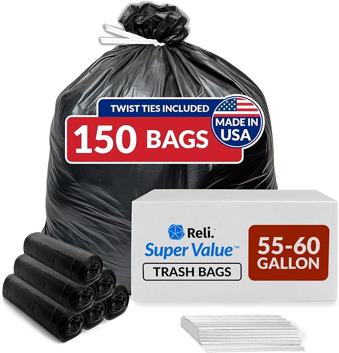 Reli. 55-60 Gallon Trash Bags Heavy Duty | 150 Trash Bags, Twist Ties | Black, Serious Garbage Cleanup | Large Garbage Bags with Twist Ties, Made in USA | SuperValue