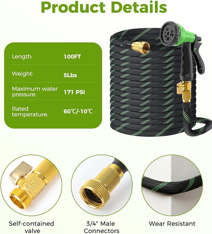 100ft Garden Hose，Non-Expandable Water Hose with 8 Function Spray Nozzle, Burst-Resistant，Kink-Free，Lightweight，Durable & Flexible 3/4" Garden Hose for Gardening, Yard，Lawn, Car Washing