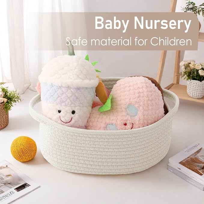 JMvicyroam Small Woven Basket, Empty Gift Basket, White/2 Pack | Small Gift Basket, Cotton Rope, 12 x 8 x 7 in, Handles, Includes Ribbon and Bag, Birthday Gift Basket