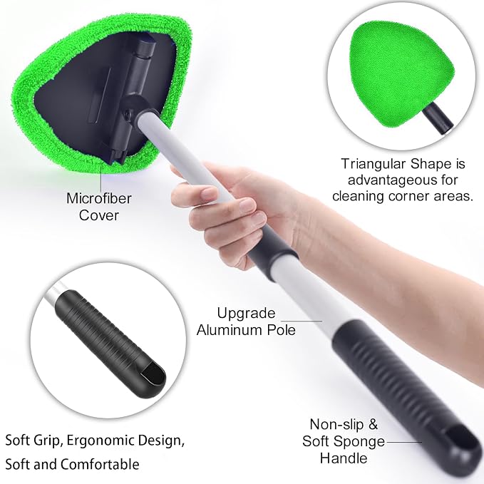 desin Windshield Cleaning Tool, Car Window Cleaner Windshield Cleaner with 4 Reusable and Washable Microfiber Pads and Extendable Handle Auto Inside Glass Wiper