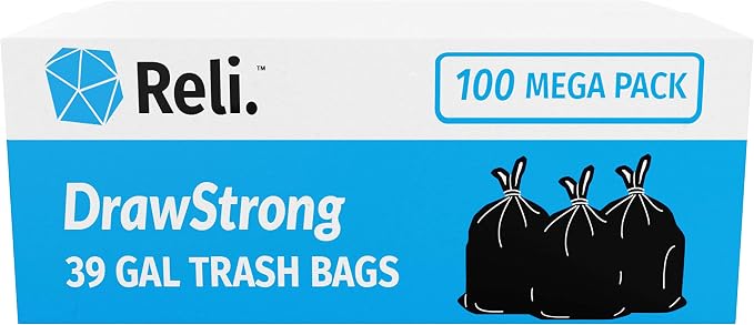 Reli. 39 Gallon Trash Bags, Drawstring | (100 Count) Large 39 Gallon Heavy Duty Drawstring Trash Bags | Garbage Bags, 39Gal Capacity, Lawn Leaf (39Gal, Black)