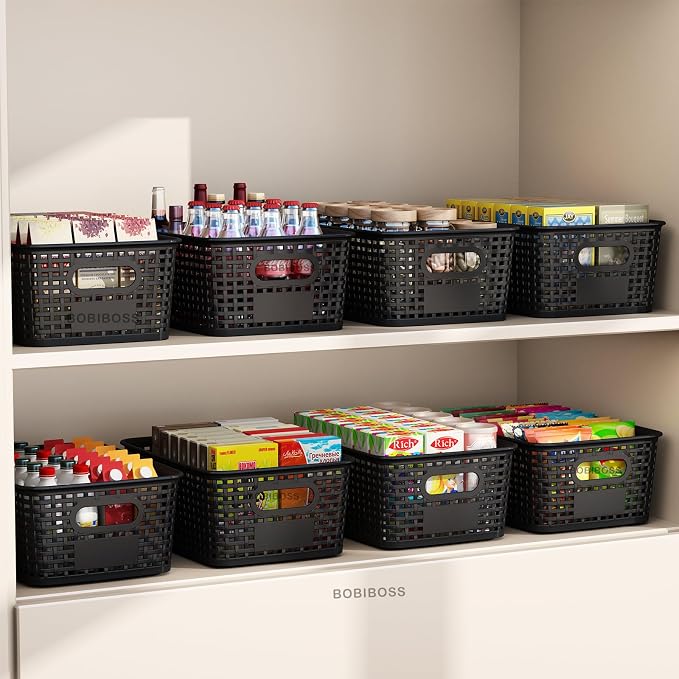 Black Plastic Storage Basket for Organizing 12 Pack Small Storage Bins Container for Shelves, Shelf Baskets with Handles for Classroom, Closet, Pantry Organization