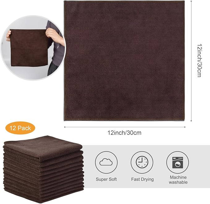 Microfiber Dish Cloth Kitchen Cleaning Cloth 12x12In 12 Pack Brown | Absorbent, No Streak, Dish Rags, Lens, Cloths