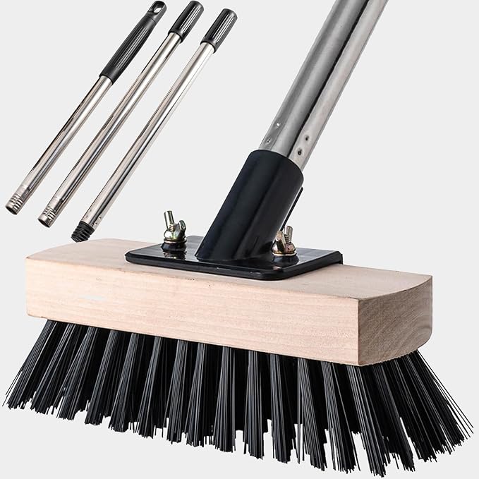 Heavy Duty Push Broom Stiff Bristle Broom Brush with Solid Wood Broom Head Indoor Outdoor Floor Scrubber Brushes for Bathroom Bathtub Tile Floor Patio Swimming Pool