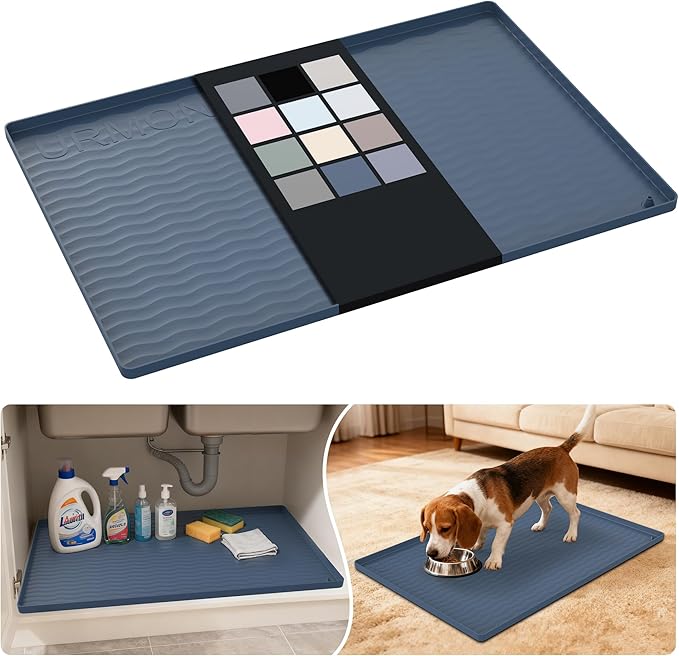 URMONA Waterproof Silicone Under Sink Mat 28'' x 19'' Shelf Liner for Kitchen and Bathroom, Cabinet and Counter Protector, Storage and Organizers, Litter Mat, Pet Cat Puppy Essentials(Light Grey)