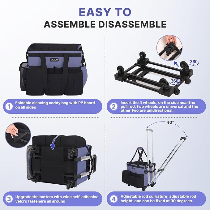 JKAOO Large Rolling Cleaning Caddy Bag with Detachable Trolley, Denim Blue | Waterproof Cleaning Caddy with Wheels, 40L Wheeled Organizer Cart for Supplies, Housekeepers, Home, Office, Car, Picnic