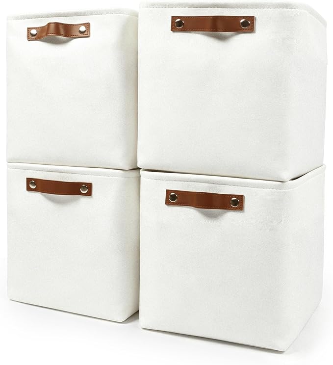 Collapsible Fabric Storage Cubes 11x11 Cube Storage Bins, 4 Pack Closet Baskets Box with Handles for Organizing, Shelf, Toys, Clothes, Home, Office, Nursery (White)