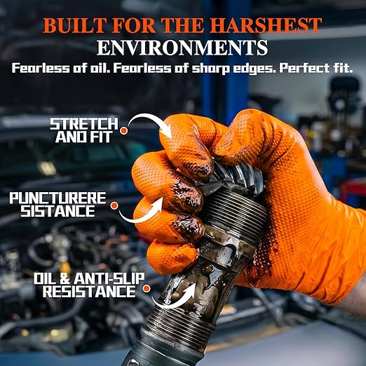 10 Mil Heavy Duty Mechanic Nitrile Gloves, Large Orange 100 Count | Diamond Grip,Latex Free,Chemical Resistant Disposable Thick Rubber Gloves for Auto Repair, Industrial, Food, Work ,BBQ,Men