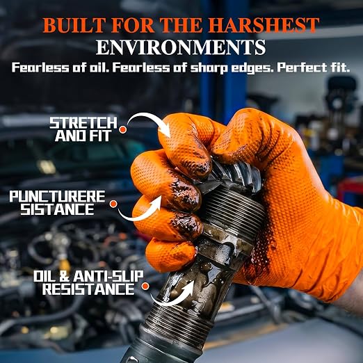 10 Mil Heavy Duty Industrial Nitrile Gloves, Orange Medium 500 Ct | 500 Ct Diamond Texture, Disposable Latex Free Rubber Gloves for Auto Repair,Workshop,Warehouses,Chemical Handling Industrial