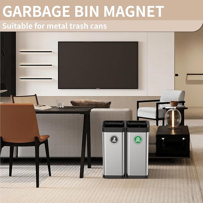 Recycle and Trash Magnets for Kitchen Cans and Recycling Bins | Silver Brushed Trash and Recycle Magnet Combo for Garbage Can Logo Symbol,Outdoor Waste Bin,5.5 Inch (Round)