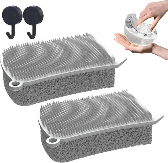 Silicone Dish Scrubber, 3 in 1 Dual Sided Kitchen Silicone Sponge Scrub Brush, Reusable, Fast Dry Dishwasher Safe for Dishes, Pots, Household (White,2Pcs)