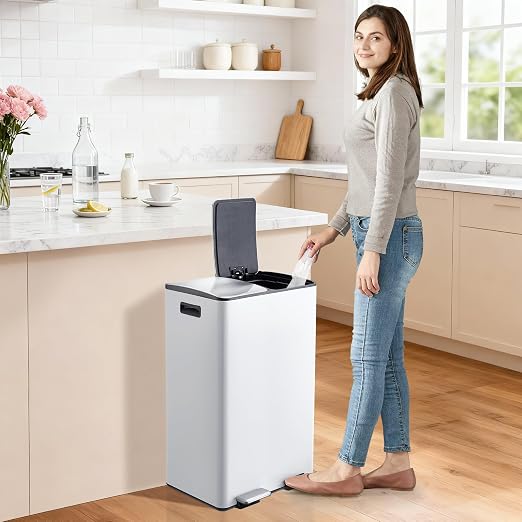 Garvee 16 Gal Dual Compartments Kitchen Trash Can, Stainless Steel, White | 2 x 30L Double Trash and Recycle Bin Combo, Removable Inner Bucket, Soft Close Lids, Metal Step Pedals, for Home Office