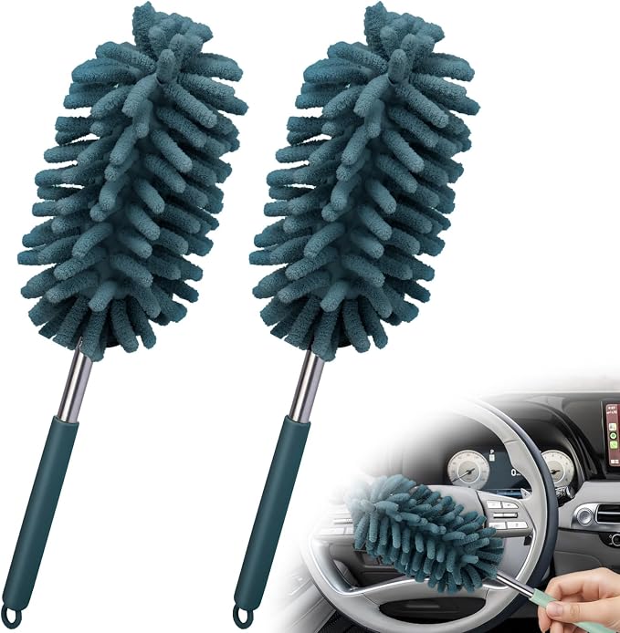 2 PCS Car Interior Duster with Extension Pole, Dusters for Cleaning | Microfiber Car Dusters with Bendable Head, Duster Interior & Exterior Scratch Free for Vehicle, Offices, Window (Nude Blue)