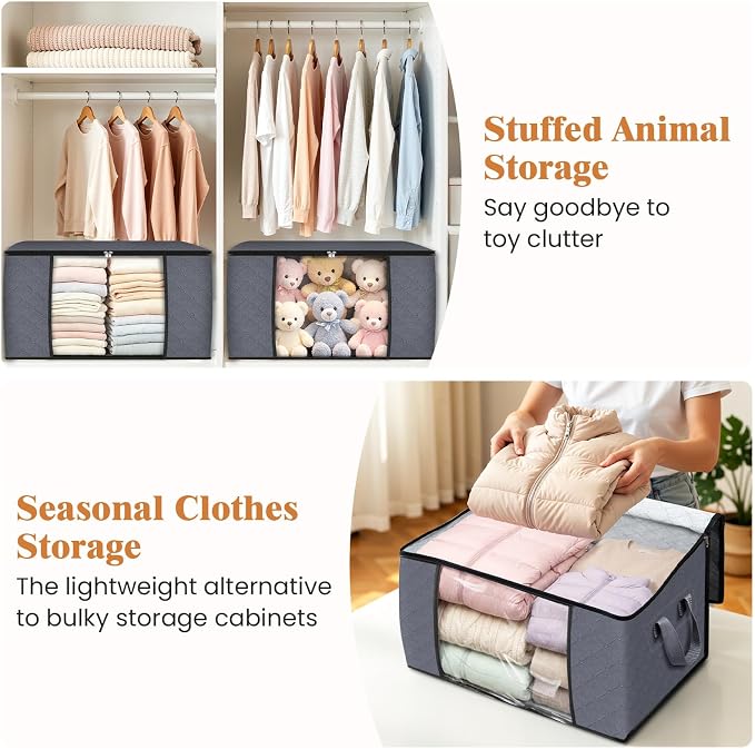 Fab totes 6 Pack Storage Bags for Clothes Blanket Storage Bins with Lids | Foldable Closet Organizers with Zippers,Window and Handles,Fabric Storage Bins for Sweater,Comforter,Bedding,Dorm essentials