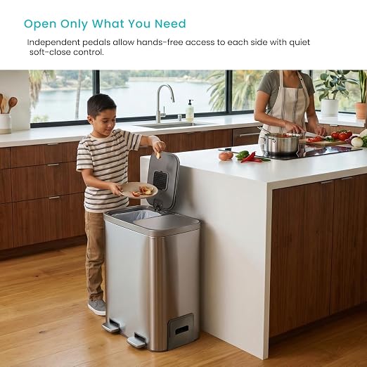 Home Zone Living 13 Gallon Kitchen Trash Can with Dual Compartments | Stainless Steel with Soft-Close Step Pedal Lids for Recycling and Bag Storage Drawer, Rectangular Design, Silver