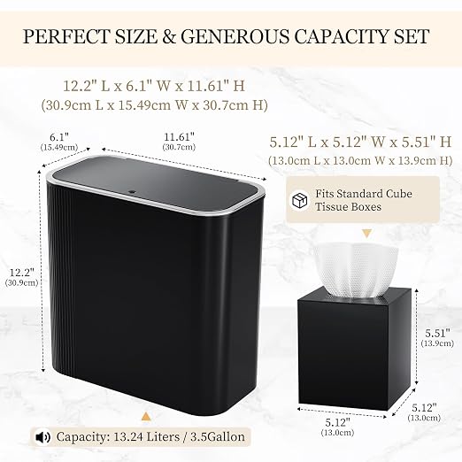 3.5 Gal Black Bathroom Trash Can with Lid & Acrylic Square Tissue Box Cover | Covered Slim Trash Can With Tissue Box Holder Helps Organize Bathroom, Bedroom, And Living Spaces While Saving Room
