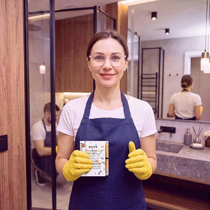 Resurhang 12 Sets Housekeeping Week Appreciation Gifts Bulk Spiral Notebook and Housekeeper Thank You Bamboo Pens with Sticky Tags for Staff House Cleaner Custodian Staff Employees