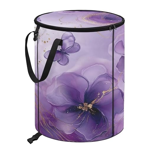 doginthehole Purple Flowers Collapsible Trash Can with Lid Aesthetic Marble Texture Trash Can Waterproof Portable 23 Gallon Waste Bin for Camping, Beach, Picnic, Patio Home Outdoor Decor