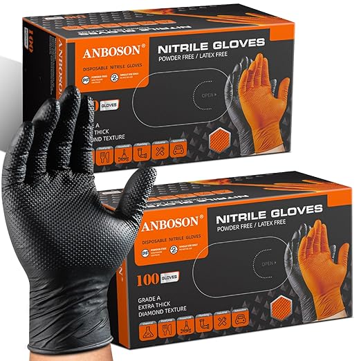 10 Mil Heavy Duty Mechanic Nitrile Gloves, XLarge Black 200 Count | Diamond Grip,Latex Free,Chemical Resistant Disposable Thick Rubber Gloves for Auto Repair, Industrial, Food, Work ,BBQ,Men