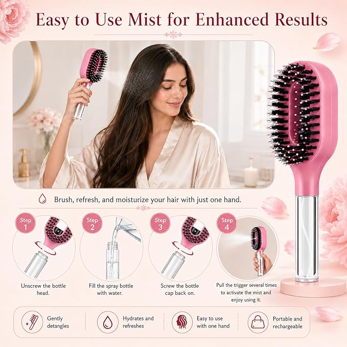 2-in-1 Misting Hair Brush with Built-In Water Spray, Lightweight Anti-Static Mist Comb for Wet & Dry Hair, Smoothing Mist Brush with Fine Continuous Spray for Straight, Curly & Thick Hair (Purple)