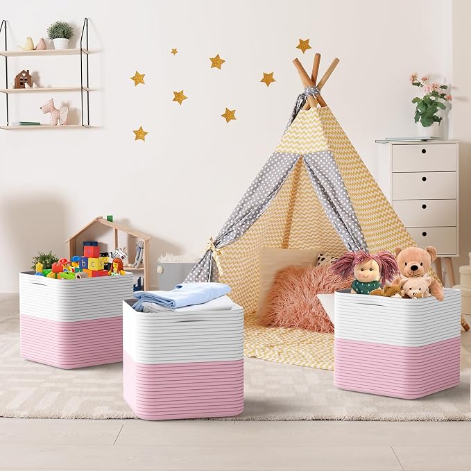 Storage Cotton Cubes 11 Inch, Woven Cotton Rope Storage Baskets for Toys Blanket Organizing, Storage Bins Decorative Organizer with Handles for Living Room Laundry Room Closet (3 Pack, Pink)