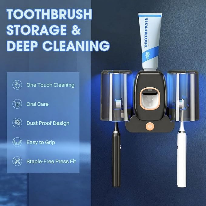 Rechargeable Toothbrush Holder,Wall Mounted Automatic Toothbrush Cleaning Tool with Toothpaste Dispenser & 2 Cups, No Drilling Bathroom Organizer for Family (Black)