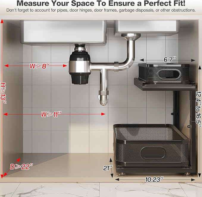 2 Pack 21IN-Depth Under Sink Organizer With Next-Gen Ball-Bearing Slides,2-Tier Precision Mesh Pull Out Cabinet Storage for Bathroom&Kitchen,Height Adjustable Drawers Shelf,Anti-rust-Black