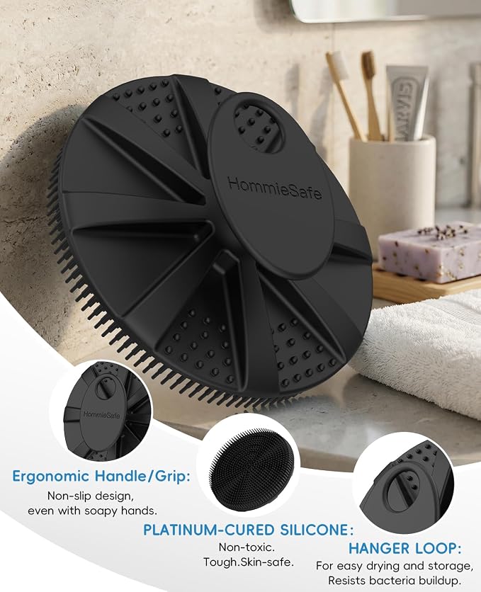 Soft Silicone Shower Brush Body Wash Bath Exfoliating Skin Massage Scrubber | 1 Pack Dry Skin Brushing Glove Loofah, Fit for Sensitive and All Kinds of Skin(Black)