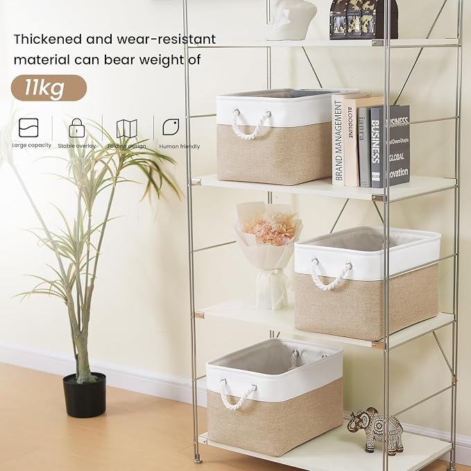 15x11x10 In Foldable Fabric Large Storage Bins with Handle 6 Pack | Organizer Baskets, Sturdy Metal Strand, Cardboard Support Molding, Storage Baskets for Shelves, Closet, Bedroom, White/Khaki
