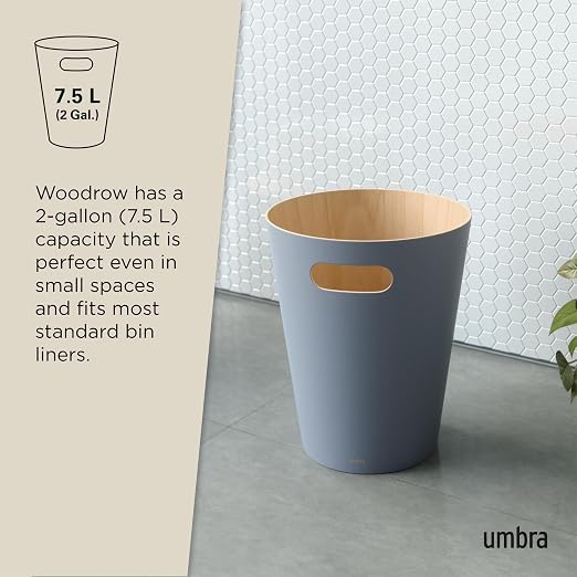 Umbra Woodrow Trash Can, Wooden Wastebasket, 2 Gallon, Slate Blue | Beech wood construction, integrated carry handles, two-tone design, durable build, fits small spaces, bathroom or office