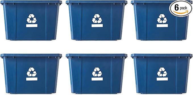Gracious Living Medium Curbside Blue Box, Plastic 17 Gallon/64 Litre Home Trash Can Refuse and Recycling Bin Container with Built-in Handles (6 Pack)