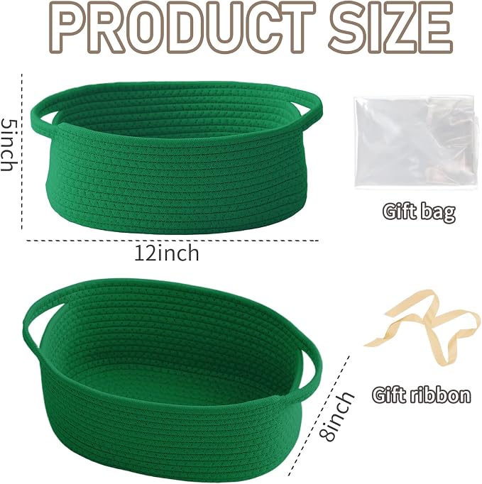 JMvicyroam Small Woven Basket, Empty Gift Basket, Green/1 Pack | Small Gift Basket, Cotton Rope, 12 x 8 x 18 in, Handles, Includes Ribbon and Bag, Birthday Gift Basket