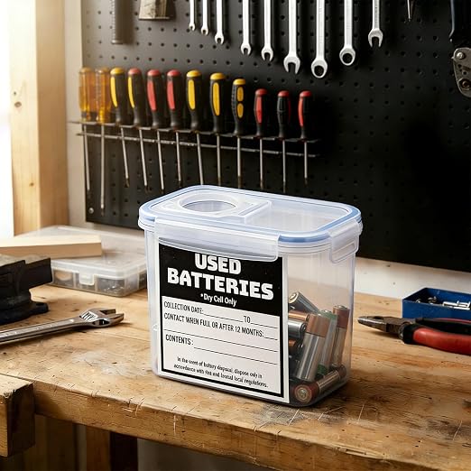 Battery Recycling Container with Battery Tester for Household Batteries, Compact Small Used Battery Disposal Container with Flip-up lid for Home Use, Office, Garage, Schools (1.3L)
